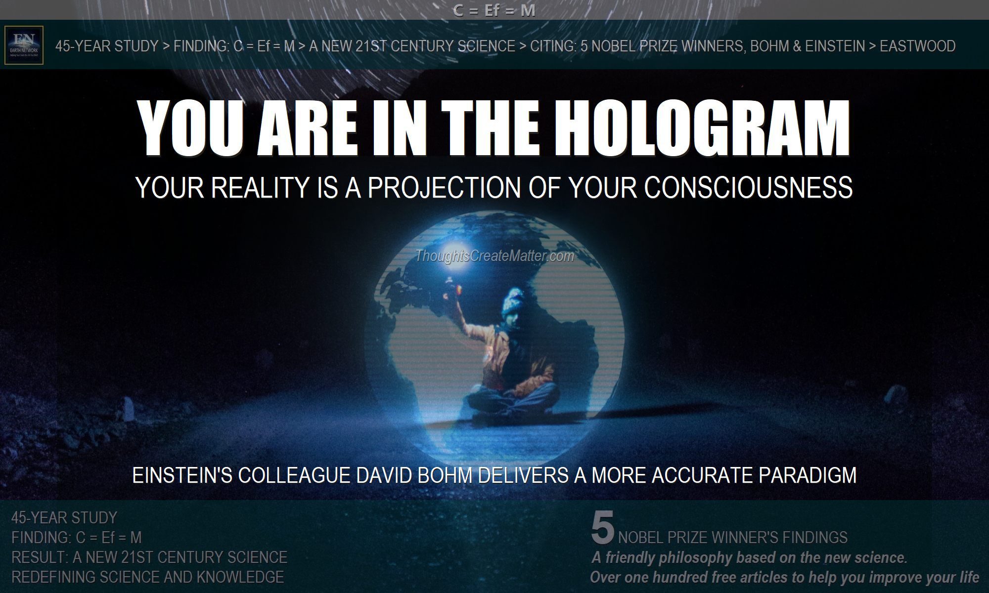 Man in hologram depicts the scientific paradigm of Einstein's colleague David Bohm. Your consciousness and thoughts create and project your reality