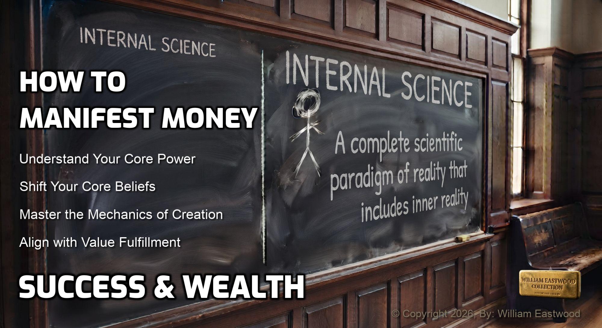 A university classroom blackboard on which it is written, “INTERNAL SCIENCE: A complete scientific paradigm of reality that includes inner reality. HOW TO MANIFEST MONEY SUCCESS & WEALTH: Understand Your Core Power. Shift Your Core Beliefs. Master the Mechanics of Creation. Align With Value Fulfillment.