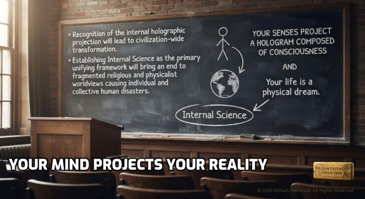 A university classroom blackboard on which it is written, “Your mind projects your reality. Your senses project a hologram composed of consciousness. Your life is a physical dream. Recognition of the internal holographic projection will lead to civilization-wide transformation. Establishing Internal Science™ as the primary unifying framework will bring an end to fragmented religious and physicalist worldviews causing individual and collective human disasters.