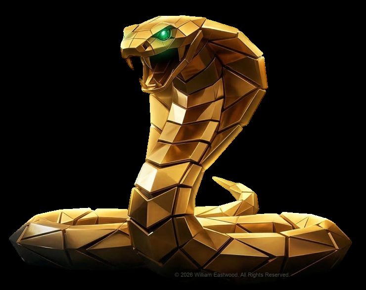 A coiled cobra on a black background with glowing green eyes poised to strike.