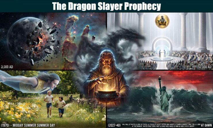 A cinematic four-quadrant composite poster on which is written, "The Dragon Slayer Prophecy", featuring Mrelin at the center with a glowing cauldron, surrounded by scenes of a 1970 country road with an astral projection, the destruction of a metallic planet in 3000 AD, a massive tidal wave hitting the Statue of Liberty, and a divine council in the Galactic Hall of 50,000 AD.