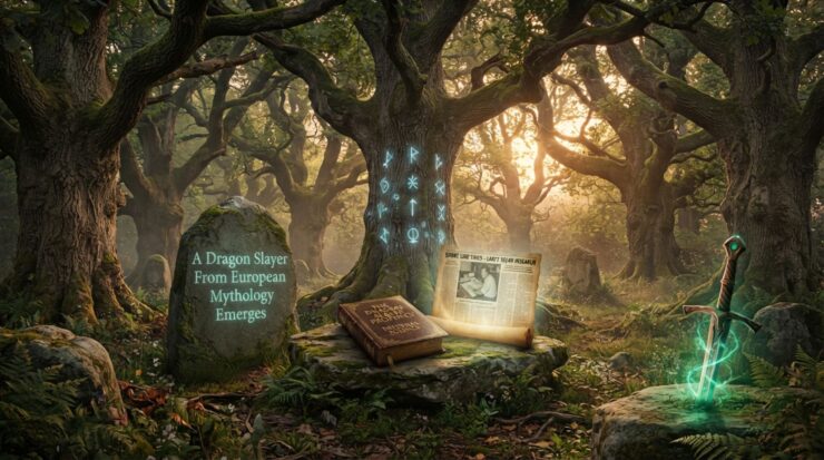 A mystical Druid Oak grove featuring a standing stone inscribed with "A Dragon Slayer From European Mythology Emerges," a weathered book, glowing microfilm of an archival newspaper article, and an Excalibur hilt with emerald energy.