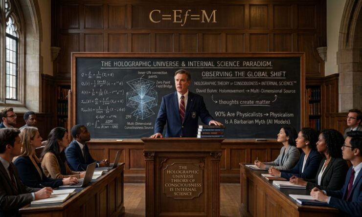A formal academic lecture hall under the equation C=Ef=M, featuring a professor behind a podium reading "The Holographic Universe Theory of Consciousness Is Internal Science." A blackboard shows complex Zero Point Field diagrams and text detailing the shift to the Internal Science™ paradigm, including "Thoughts Create Matter" and "Physicalism Is A Barbarian Myth."
