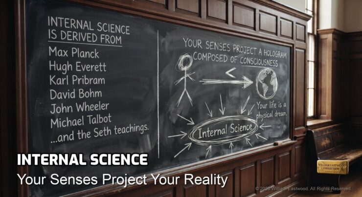 A university classroom blackboard on which it is written, “INTERNAL SCIENCE™ IS DERIVED FROM, Max Planck, Hugh Everett, Karl Primbram, David Bohm, John Wheeler, Miachael Talbot and the Seth teachings. Your senses project a hologram of consciousness. Your life is a physical dream. INTERNAL SCIENCE™: Your Senses Project Your Reality.