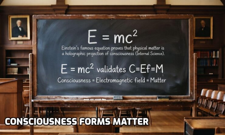 A university classroom blackboard featuring chalk writing that displays E = mc squared at the top, followed by the explanation that Einstein's equation proves physical matter is a holographic projection of consciousness within Internal Science, and concluding with the validation formula stating that Consciousness equals the Electromagnetic field equals Matter, stating that consciousness forms matter.