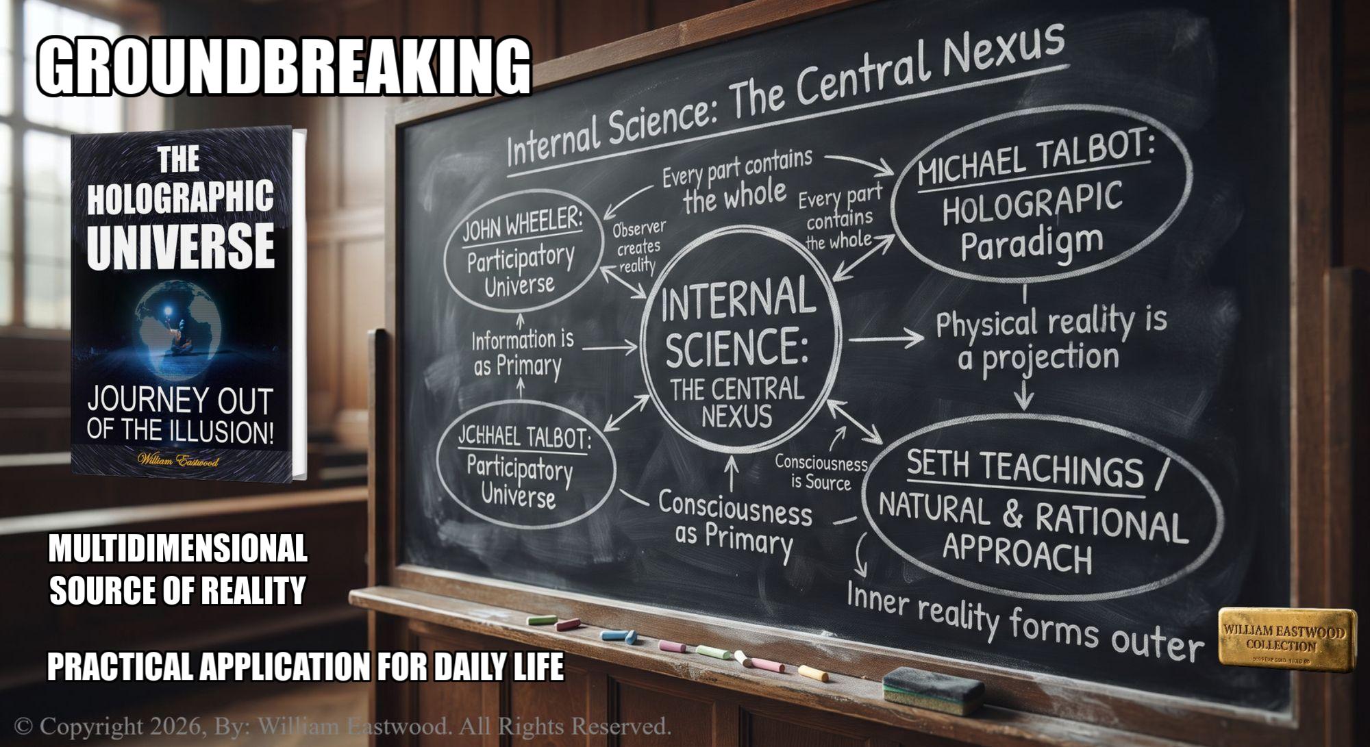 A Yale classroom with the word, "GROUNDBREAKING" over the book cover of "The Holographic Universe - Journey Out of the Illusion". MULTIDIMENSIONAL SOURCE OF REALITY: PRACTICAL APPLICATION FOR DAILY LIFE. On the blackboard: "INTERNAL SCIENCE: THE CENTRAL NEXUS." At the center, a large circle labeled "INTERNAL SCIENCE" radiates three primary pathways. One leads to "JOHN WHEELER: PARTICIPATORY UNIVERSE." Another leads to "MICHAEL TALBOT: HOLOGRAPHIC PARADIGM." A third leads to "SETH TEACHINGS / NATURAL & RATIONAL APPROACH." Smaller connecting notes, such as "Observer creates reality," "Information is primary," "Consciousness is Source," and "Inner reality forms outer," detail the relationships between these frameworks. The chalk lines are slightly dusty, conveying an authentic academic feel. Below the board, colorful chalk nubs and a dusty eraser rest on the wooden ledge. The tiered seating of the lecture hall is visible in the background, illuminated by soft natural light from large windows. This visualization bridges the gap between physics and metaphysics, establishing consciousness as the primary reality.