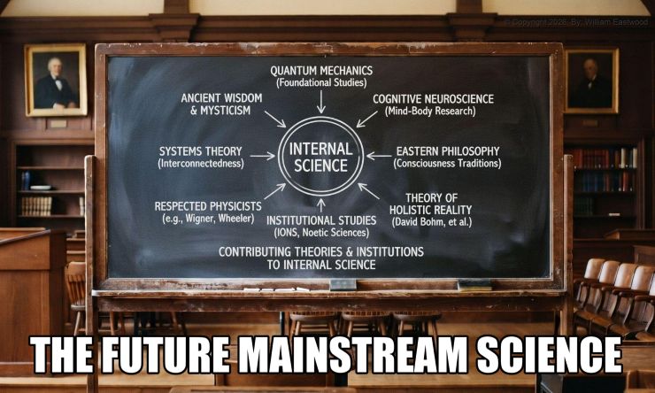 University classroom chalkboard diagram illustrating Internal Science as THE FUTURE MAINSTREAM SCIENCE converging quantum physics, neuroscience, and ancient wisdom.