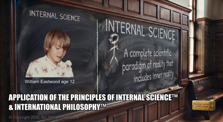 An image of William Eastwood at age 12 on a blackboard in a university classroom with the words, "Internal Science a complete paradigm of reality that includes inner reality. William Eastwood age 12. APPLICATION OF THE PRINCIPLES OF INTERNAL SCIENCE™ & INTERNATIONAL PHILOSOPHY™" on the image.