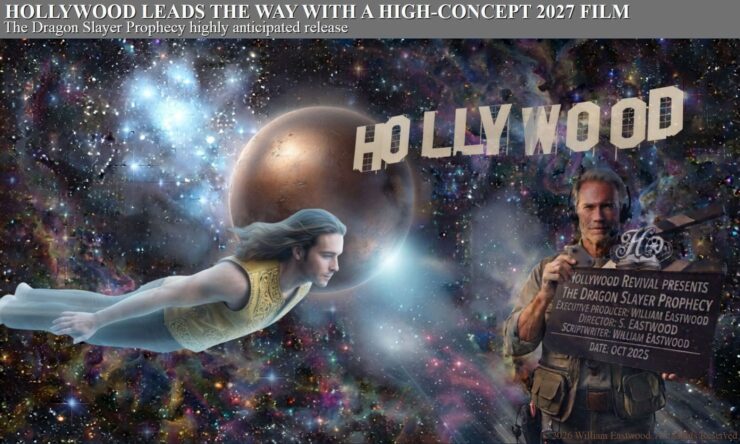 A composite cinematic image for the Hollywood revival featuring a rugged producer in the foreground holding a production slate with text reading "THE DRAGON SLAYER PROPHECY," with the illuminated Hollywood sign above. In the cosmic background, a protagonist navigates a vibrant galaxy and a bronze-textured planet.