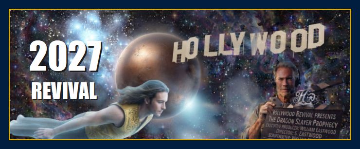 A composite cinematic image for the Hollywood revival featuring a rugged producer in the foreground holding a production slate with text reading "THE DRAGON SLAYER PROPHECY," with the illuminated Hollywood sign above. In the cosmic background, a protagonist navigates a vibrant galaxy and a bronze-textured planet.