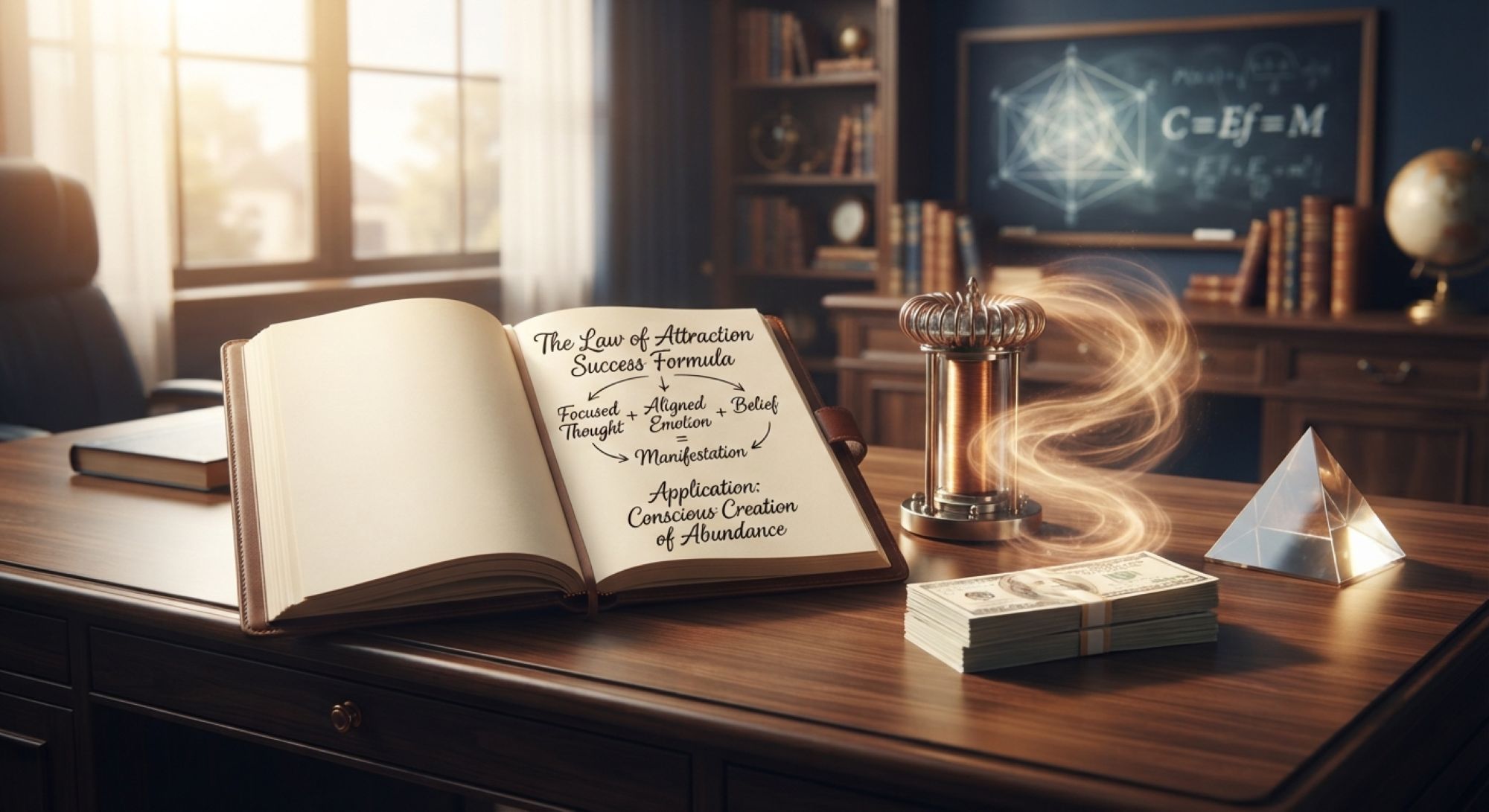 An open leather journal displaying "The Law of Attraction Success Formula" on a polished wooden desk, accompanied by a stack of currency notes, a glowing energy coil, and a chalkboard in the background showing the equation C=Ef=M