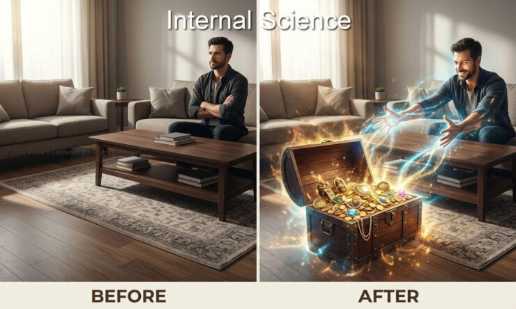 Before and after comparison illustrating Internal Science, showing a man sitting unhappily with crossed arms labeled Before, and the same man emitting light from his hands and manifesting a treasure chest of gold and jewels labeled After.