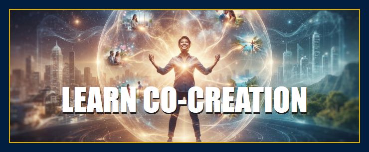 A person stands at the center of a luminous, golden holographic sphere, projecting glowing threads of light that form mini-scenes of everyday success and connection, illustrating holographic co-creation and how to co-create your reality to manifest your life.