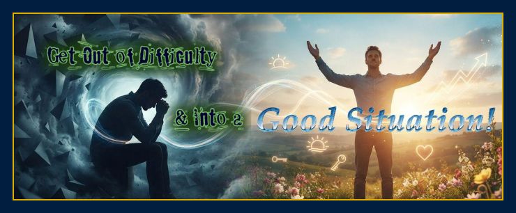 A conceptual illustration showing a silhouette transitioning from a dark, stormy, and chaotic vortex on the left into a bright, sunlit, and peaceful landscape on the right. A glowing, ethereal stream of light connects the two states, symbolizing the power of thought and consciousness to transform personal reality and move from difficulty to improvement.