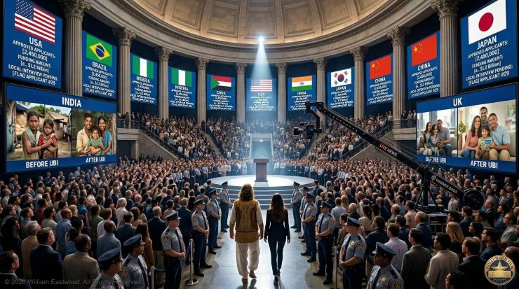 Teller addresses an enthusiastic crowd inside Earth Network headquarters in Honolulu, surrounded by international flags, Greek pillars, and screens displaying global UBI progress.