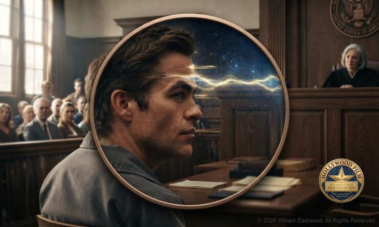 A detailed close-up profile of a male defendant, based on the previous courtroom image, looking forward. Overlaid and focused on his line of vision is a circular distortion or cosmic 'glitch' effect revealing a shimmering blue galaxy and stars, set within the blurred, dark wood architecture of a courtroom.