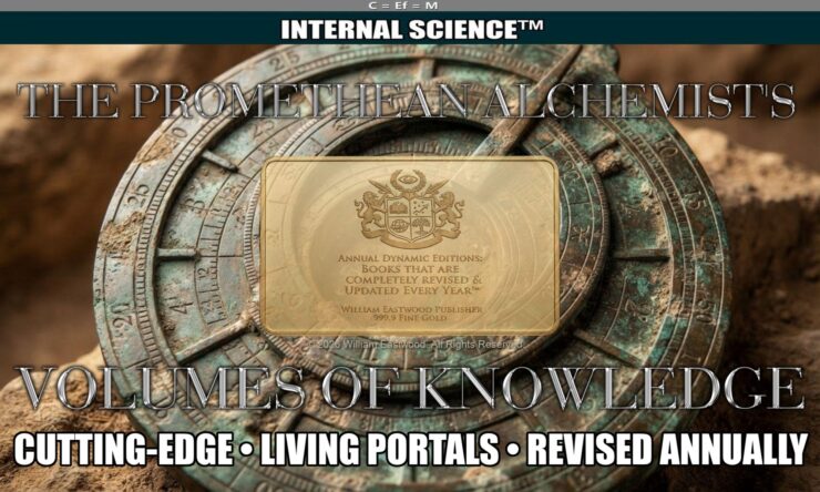 Ancient astrolabe with the headings, "THE PROMETHEAN ALCHEMIST'S VOLUMES OF KNOWLEDGE: CUTTING-EDGE • LIVING PORTALS • REVISED ANNUALLY."