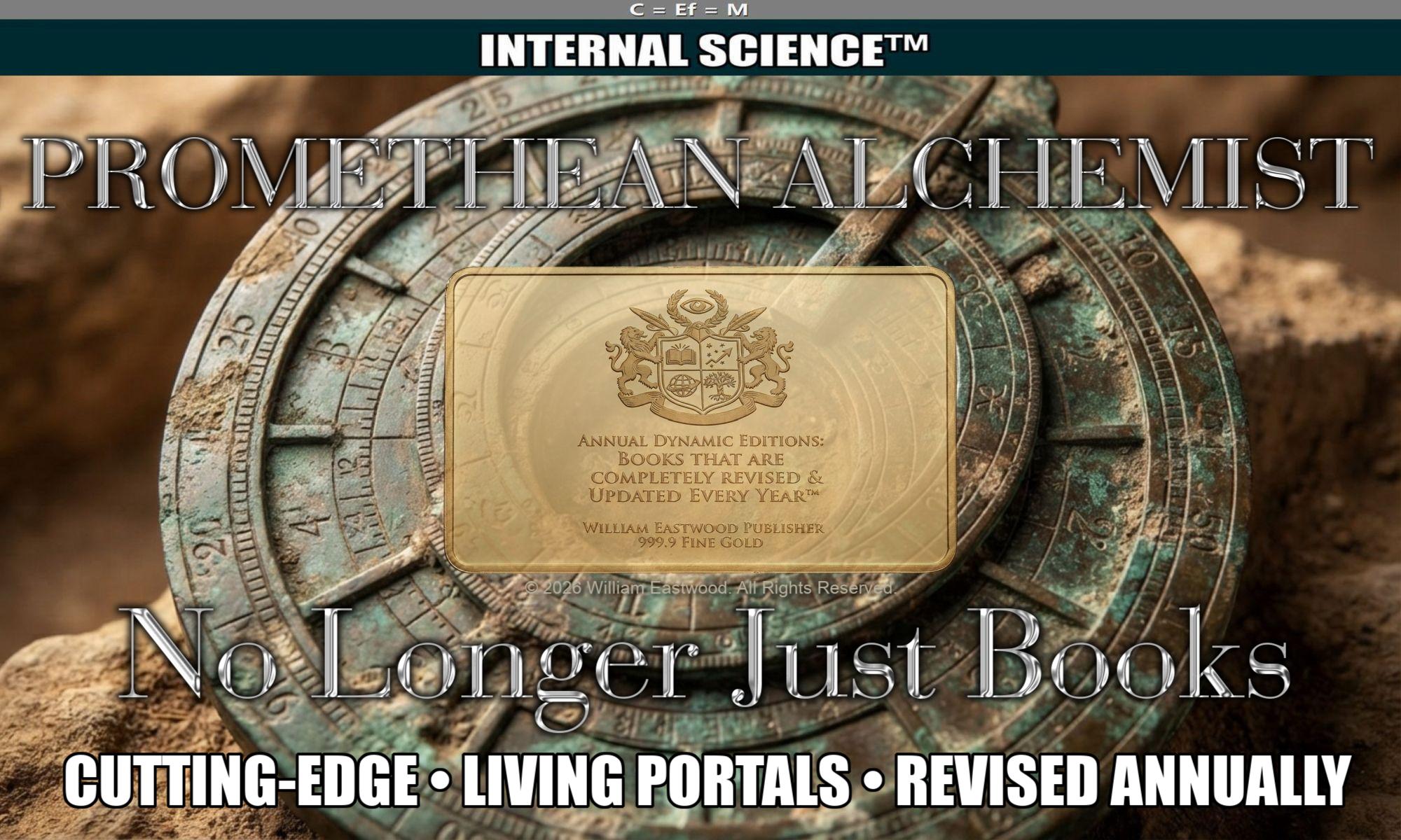 A promotional image of an ancient astrolabe reflecting early Arabic alchemical and Greek traditions, featuring the top banner "C=Ef=M" and "Internal Science™," the Chrome-style heading "THE PROMETHEAN ALCHEMIST," the subheadline "No Longer Just Books" below the gold seal, and the footer text "CUTTING-EDGE • LIVING PORTALS • REVISED ANNUALLY."