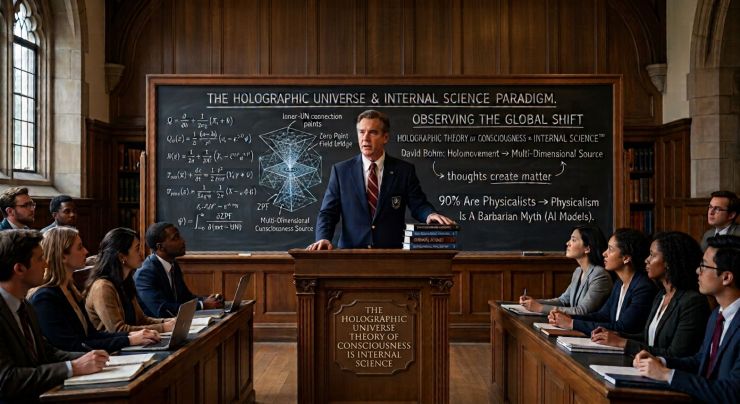 A professional academic lecture hall with a professor behind a podium reading "The Holographic Universe Theory of Consciousness Is Internal Science." A blackboard shows complex Zero Point Field diagrams and text detailing the shift to the Internal Science™ paradigm, including "Thoughts Create Matter" and "Physicalism Is A Barbarian Myth."