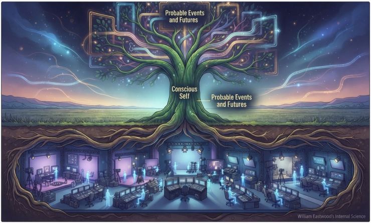 Illustration of a glowing tree with deep roots in a luminous field, representing Internal Science and consciousness creating reality.